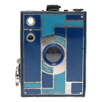 Kodak Beau Brownie 2 Blue Art Deco Box Camera Doublet Lens in Case